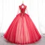 Élégant Rouge Perle Paillettes En Dentelle Fleur Robe De Bal 2022 Robe Boule Col Haut Manches Longues Dos Nu Longue Promo Robe De Ceremonie
