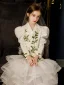 Vintage / Retro White Embroidered Wedding Cascading Ruffles Flower Girl Dresses 2024 Ball Gown Covered Button V-Neck Long Sleeve Floor-Length / Long