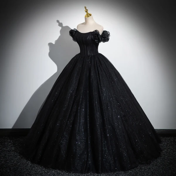 Charmant Schwarz Pailletten Ballkleider 2023 Ballkleid Off Shoulder Ärmellos Rückenfreies Lange Ball Festliche Kleider