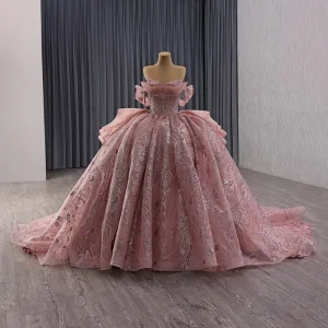 Luksus Rødmende Rosa Håndlaget Beading Paljetter Perle Ballkjoler 2025 Ballkjole Strapless Uten Ermer Ryggløse Royal Train Formelle Kjoler