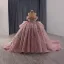 Luxus / Herrlich Rosa Handgefertigt Perlenstickerei Pailletten Perle Ballkleider 2025 Ballkleid Bandeau Ärmellos Rückenfreies Königliche Schleppe Festliche Kleider
