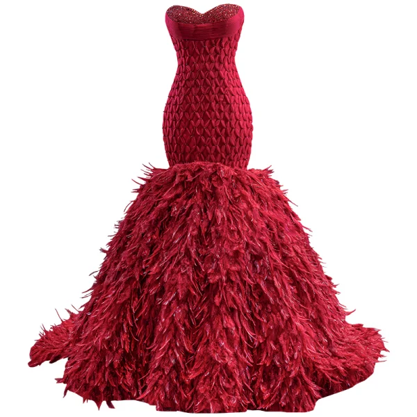 High-end Sexy Red Beading Rhinestone Sequins Feather Evening Dresses 2022 Trumpet / Mermaid Strapless Sleeveless Backless Court Train Evening Party