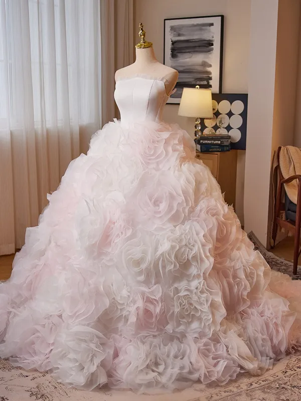 Flower Fairy White Rose Ball Gown Wedding Dresses 2025 Cascading Ruffles Ball Gown Strapless Sleeveless Backless Sweep Train