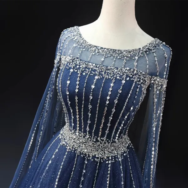 High-end Vintage / Retro Navy Blue Handmade Beading Rhinestone Sequins Prom Dresses 2024 Ball Gown Scoop Neck Sleeveless Backless Floor-Length / Long Formal Dresses