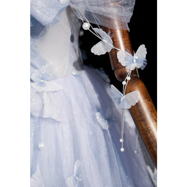 Elegant Sky Blue Butterfly Appliques Pearl Sequins Prom Dresses 2023 A-Line / Princess Off-The-Shoulder Sleeveless Backless Floor-Length / Long Prom Formal Dresses