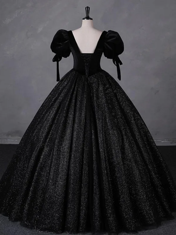 Vintage / Retro Black Glitter Velvet Prom Dresses 2023 Ball Gown Square Neckline Short Sleeve Backless Floor-Length / Long Prom Formal Dresses