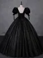 Vintage / Retro Black Glitter Velvet Prom Dresses 2023 Ball Gown Square Neckline Short Sleeve Backless Floor-Length / Long Prom Formal Dresses