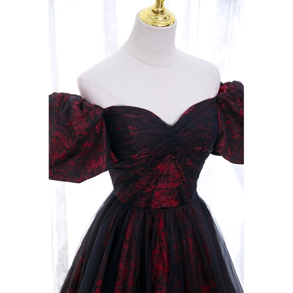 Elegant Burgundy Printing Prom Dresses 2022 A-Line / Princess Off-The-Shoulder Puffy Short Sleeve Backless Floor-Length / Long Formal Dresses