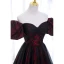 Elegant Burgundy Printing Prom Dresses 2022 A-Line / Princess Off-The-Shoulder Puffy Short Sleeve Backless Floor-Length / Long Formal Dresses