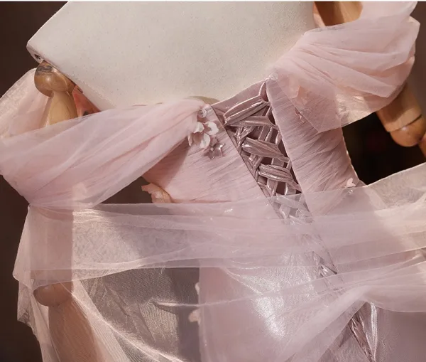 Chic / Beautiful Blushing Pink Pearl Appliques Prom Dresses 2024 Trumpet / Mermaid Off-The-Shoulder Short Sleeve Backless Floor-Length / Long Prom Formal Dresses
