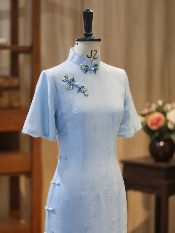 Chinese style Sky Blue Printing Split Front Silk Cheongsam / Qipao 2026 Trumpet / Mermaid High Neck Short Sleeve Tea-length