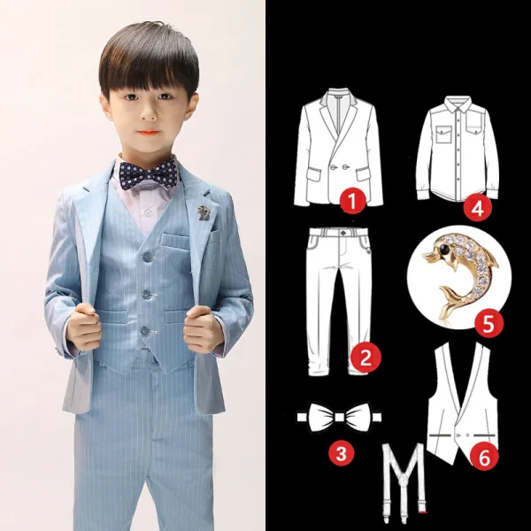 Sky Blue Stripe Long Sleeve Boys Wedding Suits 2022 Body Jewellery Coat Pants Shirt Tie Vest Wedding