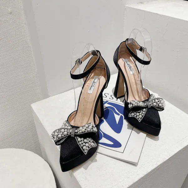 Fashion Black Evening Party Pearl Rhinestone Bow Womens Shoes 2023 Ankle Strap 13 cm Stiletto Heels Pointed Toe Sandals High Heels