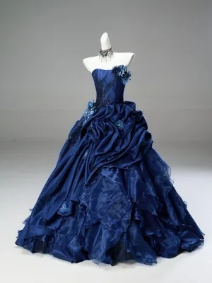 Vintage High End Mørk Marineblå Håndlaget Beading Appliques Gripende Ruffles Ballkjoler 2025 Ballkjole Strapless Uten Ermer Ryggløse Lange Formelle Kjoler