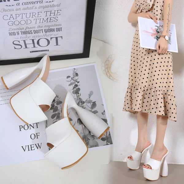 Sexy White Cocktail Party Womens Sandals 2023 17 cm Thick Heels Open / Peep Toe Sandals High Heels