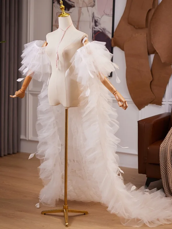 Charming White Cascading Ruffles Wedding Short Sleeve shawl 2025 Tulle