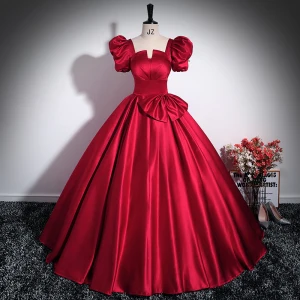 Elegant Burgundy Bow Prom Dresses 2024 Ball Gown Square Neckline Puffy Short Sleeve Backless Floor Length Long Prom Formal Dresses