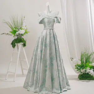 Audrey Hepburn Stil Limegrön Żakard Balklänningar 2026 Av Axeln Korta Ärm