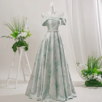 Audrey Hepburn Stil Lindgrün Żakard Ballkleider 2026 Off Shoulder Kurze Ärmel