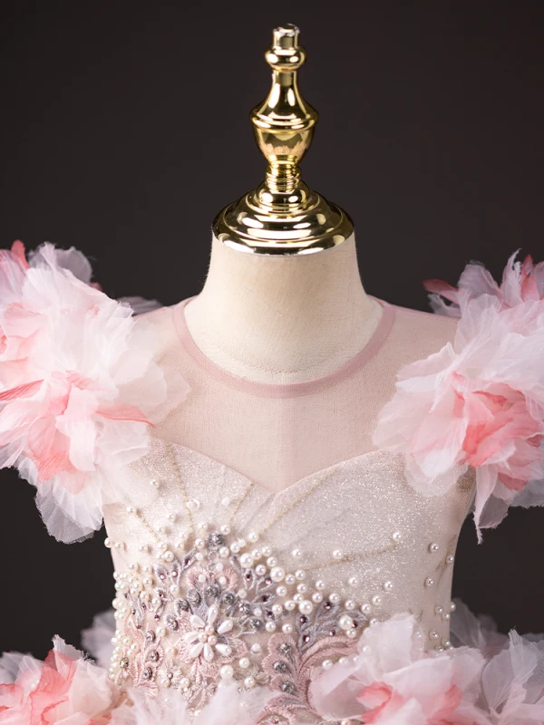 Chic / Beautiful Blushing Pink Beading Pearl Appliques Birthday Flower Girl Dresses 2023 Ball Gown Scoop Neck Short Sleeve Backless Floor-Length / Long