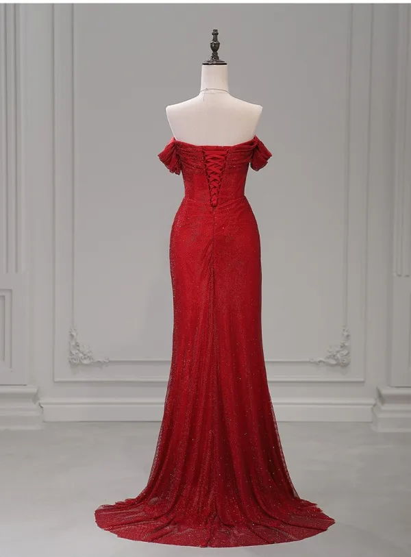 Evening Dresses Formal Dresses Evening Dresses  Burgundy Crossed Straps Backless Glitter Split Front Sweep Train Polyester Off-The-Shoulder Fall Spring Summer Evening Party Short Sleeve Trumpet / Mermaid
