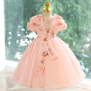 Piękne Rumieniąc Różowy Frezowanie Cekiny Urodziny Sukienki Dla Dziewczynek 2023 Suknia Balowa Wycięciem Kótkie Rękawy Bez Pleców Długie Sukienki Dla Dziewczynek