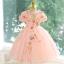 Chic / Belle Rougissant Rose Perlage Paillettes Anniversaire Robe Ceremonie Fille 2023 Robe Boule Encolure Dégagée Manches Courtes Dos Nu Longue Robe Ceremonie Fille