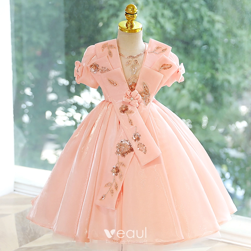 Chic Beautiful Blushing Pink Beading Sequins Birthday Flower Girl Dresses 2023 Ball Gown Scoop Neck Short Sleeve Backless Floor Length Long Flower Girl Dresses