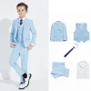 Fashion Sky Blue 5-piece Long Sleeve Boys Wedding Suits 2023 Wedding Coat Pants Shirt Tie Vest