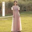 Chic / Beautiful Blushing Pink Beading Bridesmaid Dresses 2022 A-Line / Princess Short Sleeve Backless Floor-Length / Long Bridesmaid Dresses
