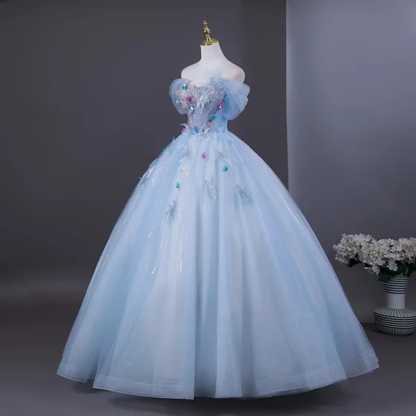 Charmant Bleu Ciel Perlage Paillettes Appliques Robe De Bal 2025 Robe Boule De l'épaule Manches Courtes Dos Nu Longue Robe De Ceremonie
