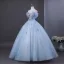 Charmant Bleu Ciel Perlage Paillettes Appliques Robe De Bal 2025 Robe Boule De l'épaule Manches Courtes Dos Nu Longue Robe De Ceremonie