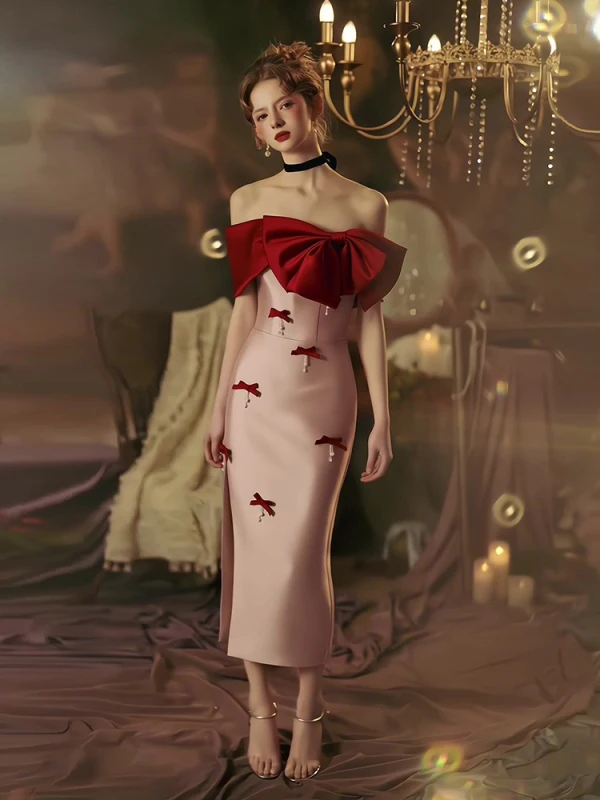 Sexy Rosa Gespaltete Front Abendkleider 2023 Meerjungfrau Off Shoulder Schleife Kurze Ärmel Rückenfreies Wadenlang Festliche Kleider