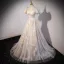Fashion Champagne Glitter Pearl Prom Dresses 2023 A-Line / Princess Square Neckline Short Sleeve Backless Sweep Train Evening Party Formal Dresses
