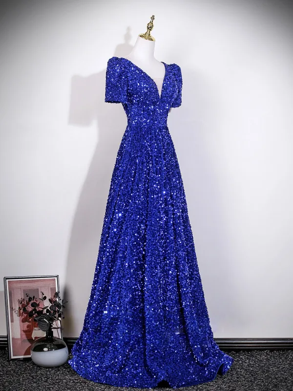 Sparkly Royal Blue Sequins Prom Dresses 2026 A-Line / Princess V-Neck Short Sleeve Backless Floor-Length / Long