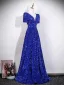 Sparkly Royal Blue Sequins Prom Dresses 2026 A-Line / Princess V-Neck Short Sleeve Backless Floor-Length / Long