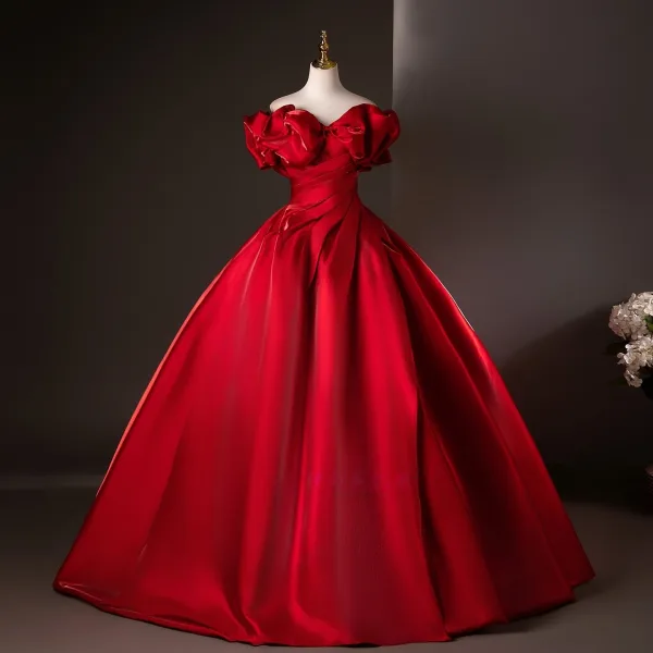 Elegant Red Prom Dresses 2025 Ball Gown Ruffle Off-The-Shoulder Short Sleeve Backless Floor-Length / Long Formal Dresses