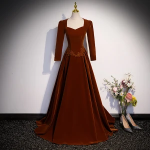 Vintage Retro Brown Velour Suede Fall Winter Prom Dresses 2023 A Line Princess Square Neckline Long Sleeve Backless Bow Sweep Train Prom Formal Dresses