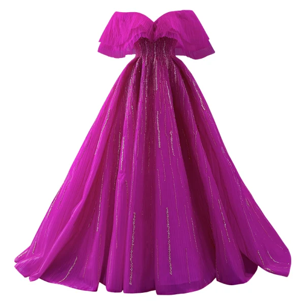 Fashion Fuchsia Beading Prom Dresses 2023 Ball Gown Off-The-Shoulder Short Sleeve Backless Floor-Length / Long Prom Formal Dresses