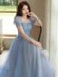 Simple Bleu Ciel Robe De Bal 2023 Princesse Encolure Carrée Manches Courtes Dos Nu Noeud Ceinture Longue Promo Robe De Ceremonie