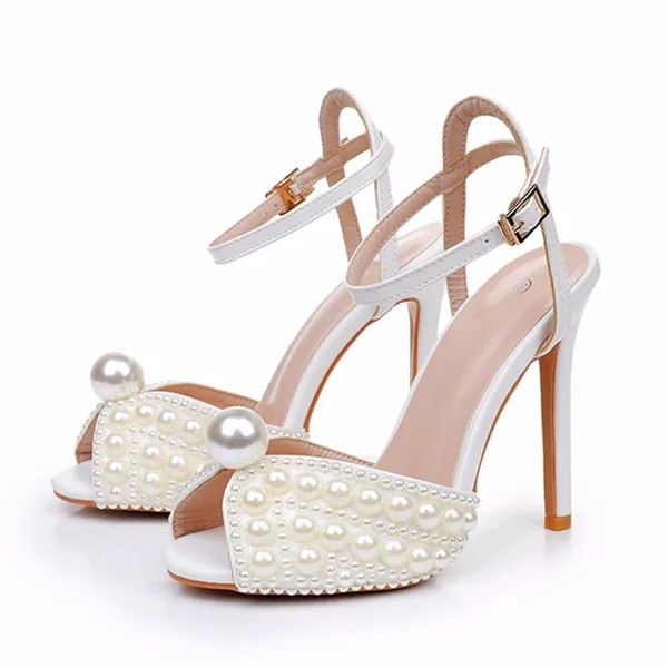 Elegant White Pearl Wedding Shoes 2024 Ankle Strap 11 cm Stiletto Heels Open / Peep Toe Wedding Sandals High Heels