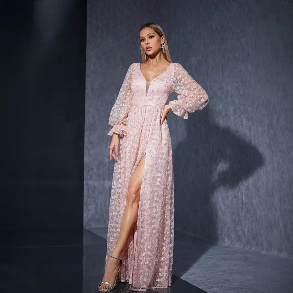 Chic / Beautiful Blushing Pink Lace Flower Split Front Prom Dresses 2025 A-Line / Princess V-Neck Long Sleeve Backless Floor-Length / Long Prom Formal Dresses