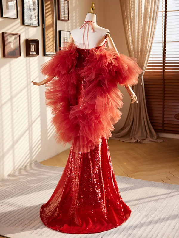 Fashion Red Sequins Evening Dresses 2024 Trumpet / Mermaid Halter Sleeveless Backless Floor-Length / Long Evening Party Formal Dresses