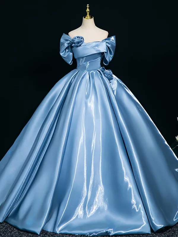 Elegant Pool Blue Appliques Prom Dresses 2025 Ball Gown Off-The-Shoulder Short Sleeve Backless Floor-Length / Long Formal Dresses