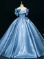 Elegant Pool Blue Appliques Prom Dresses 2025 Ball Gown Off-The-Shoulder Short Sleeve Backless Floor-Length / Long Formal Dresses