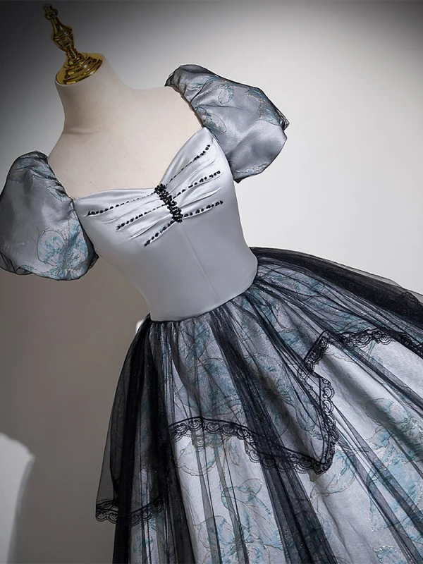 Vintage / Retro Grey Printing Prom Dresses 2024 Ball Gown Square Neckline Puffy Short Sleeve Backless Floor-Length / Long Prom Formal Dresses