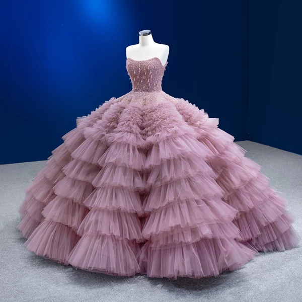 Luxe Rougissant Rose Perlage Faux Diamant Perle Paillettes Robe De Mariée 2023 Robe Boule Bustier Sans Manches Dos Nu Volants en Cascade Train De Balayage Mariage