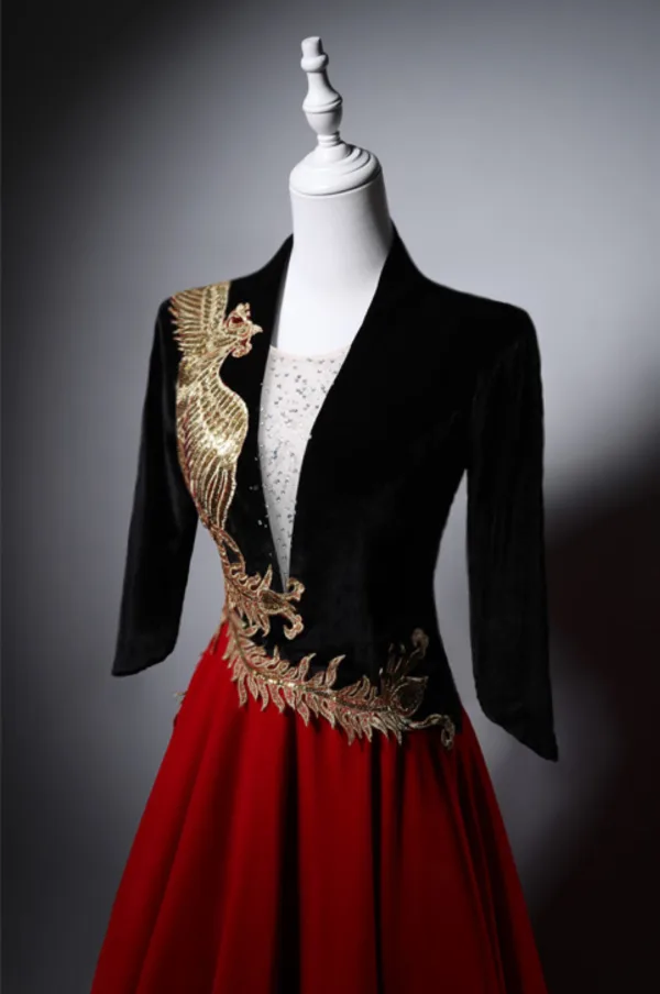 Ethnic Burgundy Phoenix Embroidered Sequins Prom Dresses 2025 A-Line / Princess V-Neck 1/2 Sleeves Backless Floor-Length / Long Prom Formal Dresses