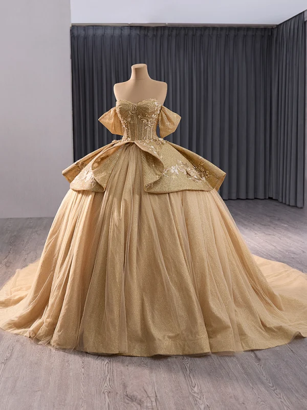 Luxury / Gorgeous Sparkly Gold Glitter Sequins Pearl Lace Flower Prom Dresses 2024 Ball Gown Off-The-Shoulder Short Sleeve Backless Chapel Train