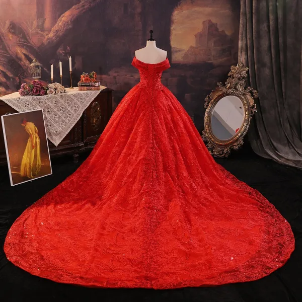 Amazing / Unique Red Beading Sequins Lace Flower Royal Train Wedding Dresses 2025 Ball Gown Off-The-Shoulder Short Sleeve Backless Tulle Wedding